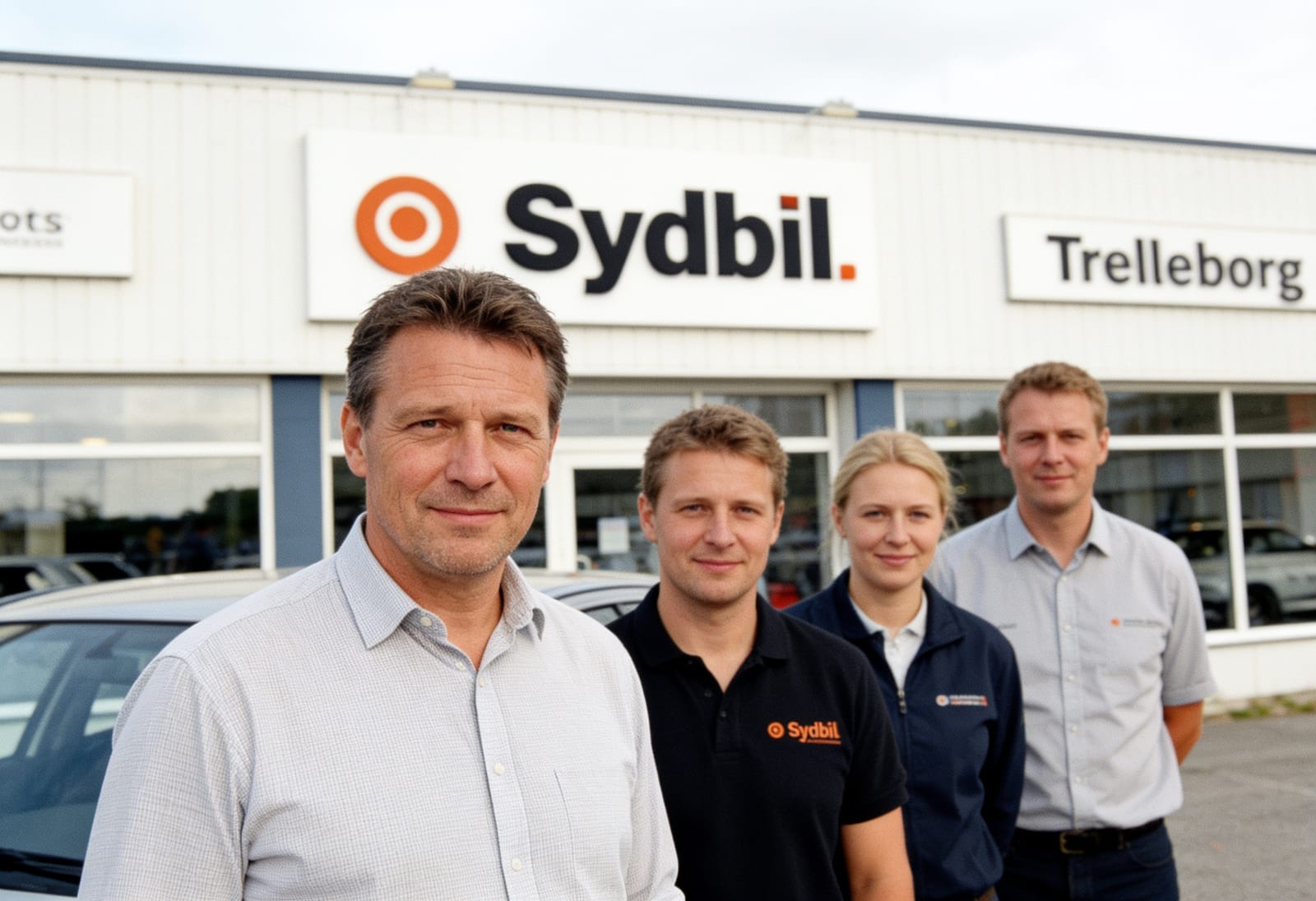 Jimmy och personalen framför Sydbils anläggning i Trelleborg