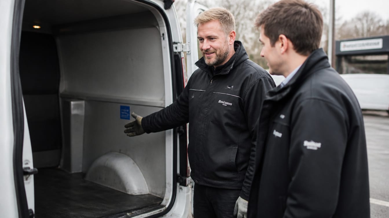 Hantverkare och säljare vid lastutrymmet på en transportbil hos Sydbil